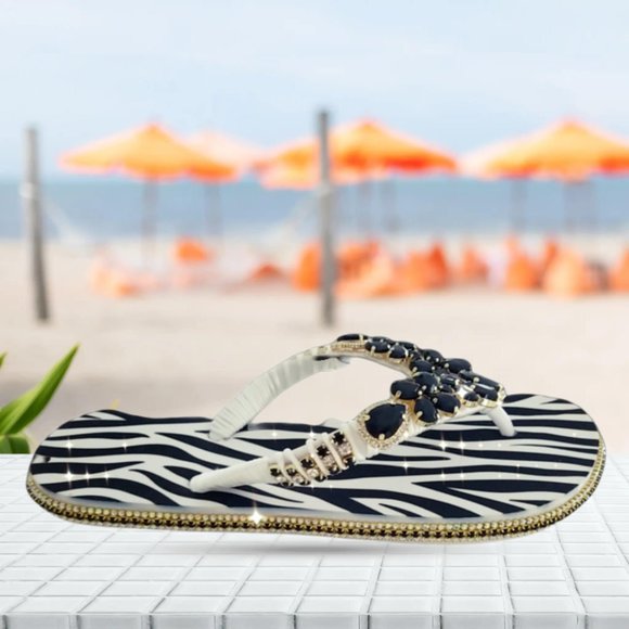 Women's Luxury zebra print flip flops with crystals and rhinestones all occasion - Picture 11 of 16